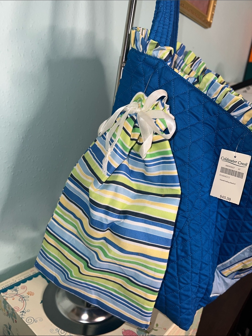 Coldwater Creek Blue Quilted Tote with Striped Drawstring Pouch - Picture 5 of 7